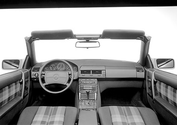 Mercedes-Benz 300 SL/300 SL-24/500 SL Roadster, R 129, 1989.
Das Zusammenspiel der klar gezeichneten Instrumententafel mit der schlanken Linienführung des gesamten Cockpit-Trägers und den neuen Integralsitzen unterstreicht die Sportlichkeit des neuen Mercedes-Benz SL, ohne dass die Funktion zurückstehen müßte.

