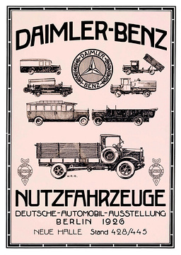 Werbeanzeige Lkw und Nutzfahrzeuge Daimler-Benz AG, 1926 bis 1945, Deutsche-Automobil-Ausstellung Berlin 1926, Neue Halle, Stand 428/445